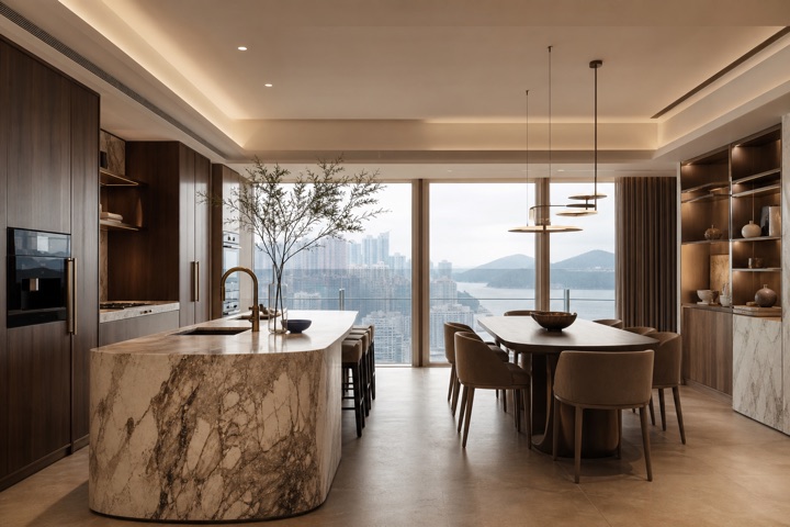 Concept rendering of an open kitchen and dining room for a private apartment