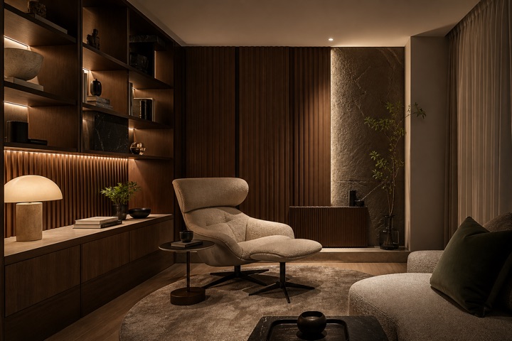 Quiet private study lounge with shelving, textured stone, and warm night lighting